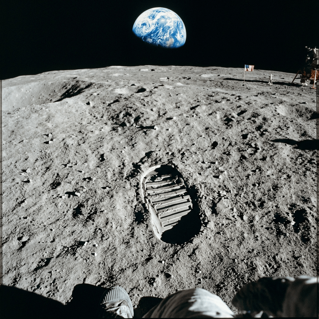 A clear astronaut footprint in lunar soil with Earth visible in the black sky.