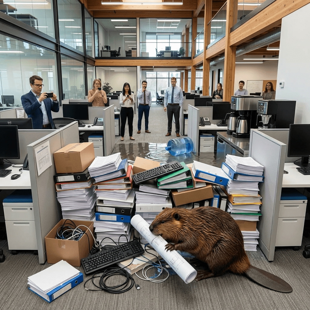 Beaver causing water damage and document mess in modern office workspace