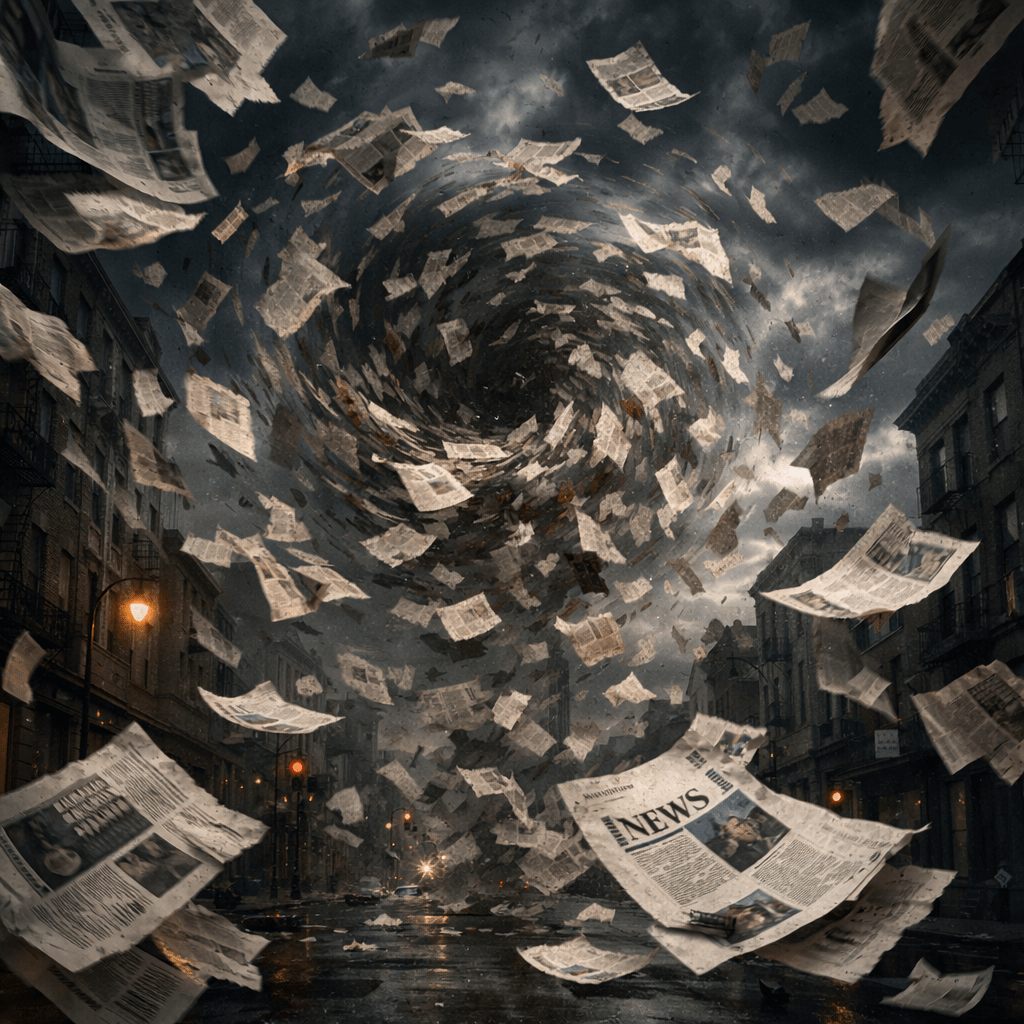 Tornado of newspapers swirling through a dark urban street with wet pavement and lit street lamps