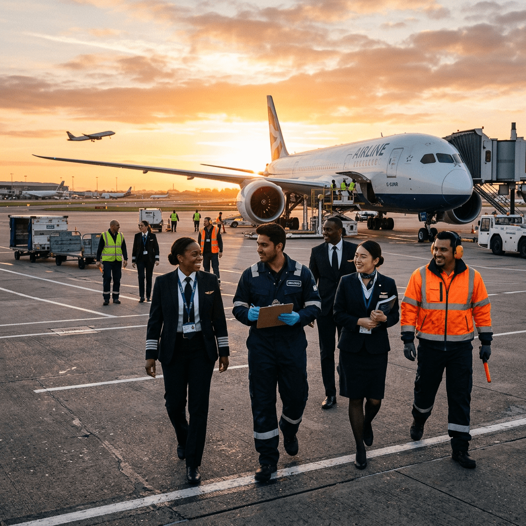 Airline pilots, ground crew, and staff walking and talking near a parked airplane on a runway at sunset