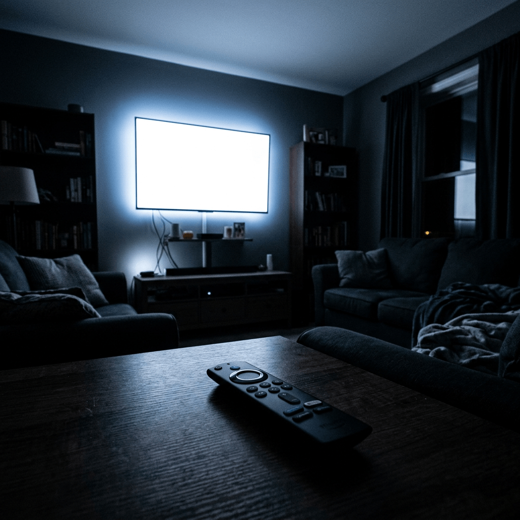 Remote control on a wooden table in a dim living room with a glowing TV screen.