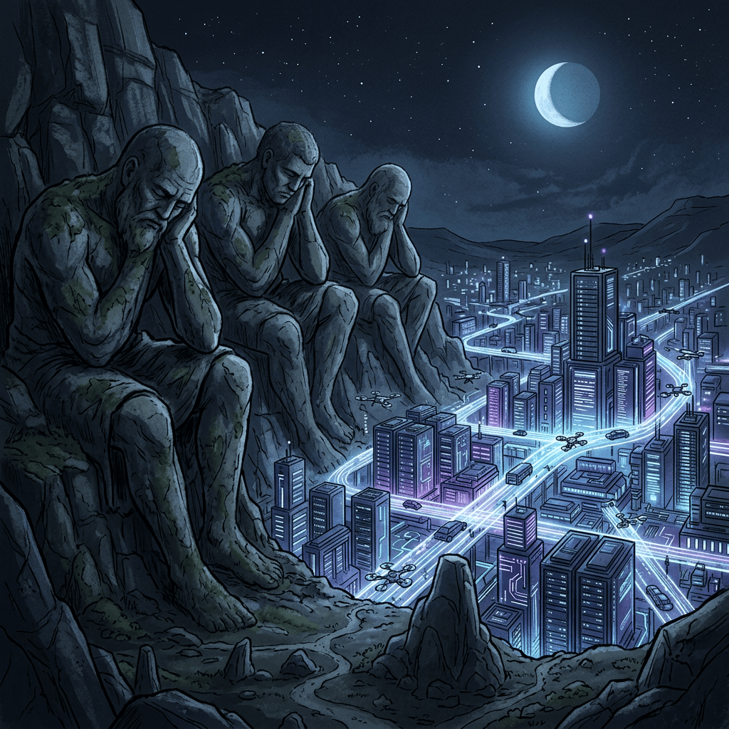 Three stone giants overlook a glowing futuristic city at night
